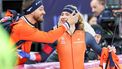 epa11967935 Joy Beune (R) of the Netherlands celebrates after winning the 1500m Women race at the ISU Speed Skating Single Distances World Championships in Hamar, Norway, 16 March 2025.  EPA/Geir Olsen  NORWAY OUT