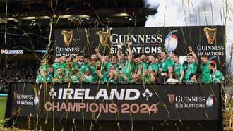 Ireland's flanker Peter O'Mahony (R) and Ireland's prop Tadhg Furlong (L) lift the Six Nations trophy after winning the Six Nations international rugby union match between Ireland and Scotland at the Aviva Stadium in Dublin, on March 16, 2024. Ireland retained their Six Nations title with a gritty 17-13 win over Scotland at Lansdowne Road on March 16, 2024.
PAUL FAITH / AFP