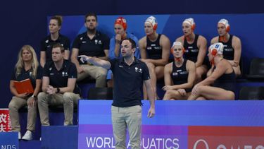 epa11152529 Head coach Evangelos Doudesis of Netherlands gestures during the Women's Water Polo Classification match between Netherlands and Italy at the 2024 FINA World World Aquatics Championships in Doha, Qatar, 14 February 2024.  EPA/MOHAMED MESSARA