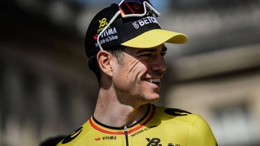 Belgium's Jumbo Wisma cyclist Wout van Aert attends the teams presentation on the eve of the 122nd edition of the Paris-Roubaix cycling race in Compiegne, on April 12, 2025.  The men's race of Paris-Roubaix which takes place on April 13, will see current rivals Slovenia's Tadej Pogacar and Netherlands' Mathieu Van der Poel duel over the cobbled roads near the Franco-Belgian border in the seasons latest ' Monument' race.
JEFF PACHOUD / AFP