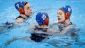 DOHA -  Bente Rogge, Lieke Rogge en Simone van der Kraats na afloop van de kwartfinale van de dameswaterpolowedstrijd tussen Nederland en Hongarije op de FINA Wereldkampioenschappen zwemmen Doha 2024. ANP KOEN VAN WEEL