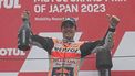 2023-10-01 10:09:14 Third placed Repsol Honda Team rider Marc Marquez of Spain celebrates on the podium of the MotoGP Japanese Grand Prix at the Mobility Resort Motegi in Motegi, Tochigi prefecture on October 1, 2023. 
Toshifumi KITAMURA / AFP