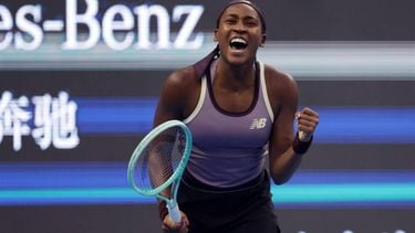 epa11643091 Coco Gauff of USA celebrates winning her Women's Singles semi-finals match against Paula Badosa of Spain in the China Open tennis tournament in Beijing, China, 05 October 2024.  EPA/ANDRES MARTINEZ CASARES