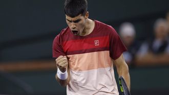 epa11954654 Carlos Alcaraz of Spain reacts after winning match point against Denis Shapovalov of Canada during the men’s third round match of the BNP Paribas Open tennis tournament in Indian Wells, California, USA, 10 March 2025.  EPA/JOHN G. MABANGLO