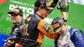 ZANDVOORT - Max Verstappen (Red Bull Racing), Oscar Piastri (McLaren) en Isack Hadjar (Racing Bulls) op het podium na afloop van de F1 Grand Prix van Nederland op het Circuit van Zandvoort. ANP SEM VAN DER WAL