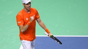 Netherlands' Botic van de Zandschulp celebrates victory at the end of the quarter-final doubles match between Netherlands and Spain during the Davis Cup Finals at the Palacio de Deportes Jose Maria Martin Carpena arena in Malaga, southern Spain, on November 19, 2024. 
Jorge GUERRERO / AFP