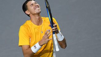 2023-11-24 17:49:12 Australia's Alexei Popyrin celebrates beating Finland's Otto Virtanen during the first men's singles semifinal tennis match between Finland and Australia of the Davis Cup tennis tournament at the Martin Carpena sportshall, in Malaga on November 24, 2023. 
JORGE GUERRERO / AFP
