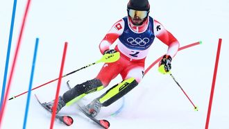 epa12746657 Loic Meillard of Switzerland in action during the 2nd run of the Men's Slalom of the Alpine Skiing competitions at the Milano Cortina 2026 Winter Olympic Games, Stelvio ski centre in Bormio, Italy, 16 February 2026.  EPA/ANNA SZILAGYI