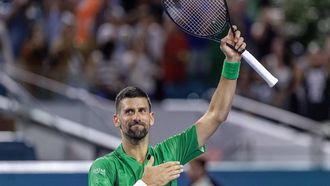 epa11988634 Novak Djokovic of Serbia celebrates his victory against Lorenzo Musetti of Italy during their Men's Singles 4th Round at the 2025 Miami Open tennis tournament at the Hard Rock Stadium in Miami, Florida, USA, 25 March 2025.  EPA/CRISTOBAL HERRERA-ULASHKEVICH
