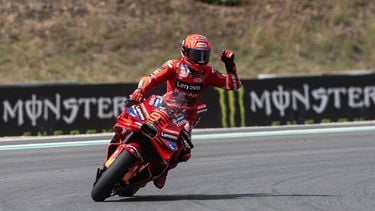 Ducati Lenovo Team's Spanish MotoGP rider Marc Marquez reacts after winning the motorcycle Czech Moto GP Grand Prix sprint race at the Masaryk circuit in Brno, Czech Republic on July 19, 2025.  
Michal Cizek / AFP