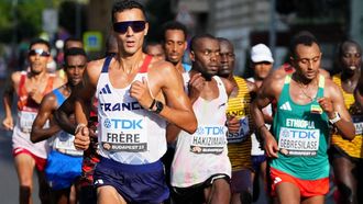 France's Mehdi Frere, Rwanda's John Hakizimana, and Ethiopia's Leul Gebresilase compete in the men's marathon final during the World Athletics Championships in Budapest on August 27, 2023. 
ALEKSANDRA SZMIGIEL / POOL / AFP