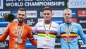 TABOR - (l-r) Joris Nieuwenhuis (tweede), Mathieu van der Poel (eerste), Michael Vanthourenhout (derde) op het podium na de wereldkampioenschappen veldrijden (mannen) in het Tsjechische Tabor. ANP IRIS VAN DEN BROEK