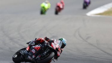 Aprilia Racing team's Italian MotoGP rider Marco Bezzecchi takes part in the MotoGP British Grand Prix at Silverstone circuit in Northamptonshire, central England, on May 25, 2025.  
Adrian Dennis / AFP