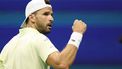 Bulgaria's Grigor Dimitrov reacts as he plays against USA's Frances Tiafoe during their men's quarterfinals match on day nine of the US Open tennis tournament at the USTA Billie Jean King National Tennis Center in New York City, on September 3, 2024. 
CHARLY TRIBALLEAU / AFP