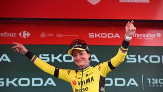Points ranking leader Team Visma-Lease a Bike's Dutch rider Marianne Vos celebrates on the podium after the 7th stage of the 2025 La Vuelta Femenina cycling tour of Spain, a 152.6 km race from La Robla to Cotobello, on May 10, 2025. 
MIGUEL RIOPA / AFP