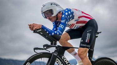 UAE Team Emirates' US rider Brandon McNulty cycles during the third stage of the Tour of Romandy UCI cycling World tour, a 15.5 km time trial starting and finishing in Oron, in Maracon, western Switzerland, on April 26, 2024. 
Fabrice COFFRINI / AFP