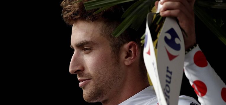 epa06062014 Cannondale Drapac Professional Cycling Team rider Taylor Phinney of US celebrates on the podium wearing the best climber's polka-dot jersey following the 2nd stage of the 104th edition of the Tour de France cycling race over 203.5 km between Duesseldorf and Liege, Belgium, 02 July 2017.  EPA/YOAN VALAT