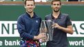 epa11223273 Wesley Koolhof of the Netherlands (L) and Nikola Mektic of Croatia (R) hold up the Men’s Championship trophy after defeating Marcel Granollers of Spain and Horacio Zeballos of Argentina during the Doubles Finals at the BNP Paribas Open in Indian Wells, California, USA, 15 March 2024.  EPA/JOHN G. MABANGLO