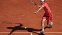Greece's Stefanos Tsitsipas plays a forehand return to Italy's Jannik Sinner during their Monte Carlo ATP Masters Series Tournament semi final tennis match on the Rainier III court at the Monte Carlo Country Club on April 13, 2024. 
Valery HACHE / AFP