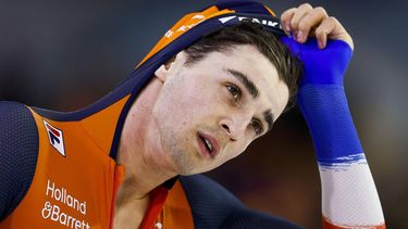 HEERENVEEN -Jenning De Boo (NED) reageert na de 500 meter mannen tijdens de zesde en tevens laatste wereldbeker langebaanschaatsen van het seizoen. Het driedaagse evenement vond plaats in Thialf. ANP VINCENT JANNINK
