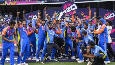 Team India celebrates after winning the ICC men's Twenty20 World Cup 2024 final cricket match between India and South Africa at Kensington Oval in Bridgetown, Barbados, on June 29, 2024. 
Randy Brooks / AFP