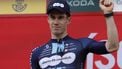 Team Dsm's Italian rider Alberto Dainese celebrates on the podium after winning the stage 19 of the 2023 La Vuelta cycling tour of Spain, a 177,1 km race between La Baneza and Iscar on September 15, 2023. 
OSCAR DEL POZO / AFP