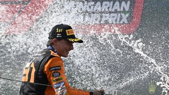 epa11490391 McLaren driver Oscar Piastri of Australia celebrates on the podium after winning the Formula One Hungarian Grand Prix at the Hungaroring circuit, in Mogyorod, near Budapest, 21 July 2024.  EPA/Tamas Kovacs HUNGARY OUT