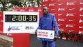 (FILES) Kenya's Kelvin Kiptum celebrates winning the 2023 Bank of America Chicago Marathon in Chicago, Illinois, in a world record time of two hours and 35 seconds on October 8, 2023.  World marathon record holder Kelvin Kiptum and his coach Gervais Hakizimana have died in a car crash in western Kenya that left a third passenger also injured, police said on February 11, 2024.
KAMIL KRZACZYNSKI / AFP