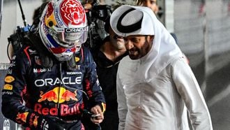Red Bull Racing's Dutch driver Max Verstappen (L) chats with FIA president Mohammed Ben Sulayem after the qualifying session ahead of the Qatari Formula One Grand Prix at the Lusail International Circuit on October 6, 2023. 
Ben Stansall / AFP