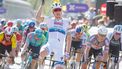 epa12020824 Belgian rider Tim Merlier of team Soudal Quick-Step (C) celebrates winning the Scheldeprijs one-day cycling race over 202.8km from Terneuzen to Schoten, Belgium, 09 April 2025.  EPA/OLIVIER MATTHYS