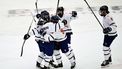epa11878816 Netherlands' players celebrate after scoring a goal during the Ice Hockey Women Olympic qualification matche between Denmark and the Netherlands at Monitor ERP Arena, in Gavle, Sweden, 06 February 2025.  EPA/MAGNUS LEJHALL  SWEDEN OUT