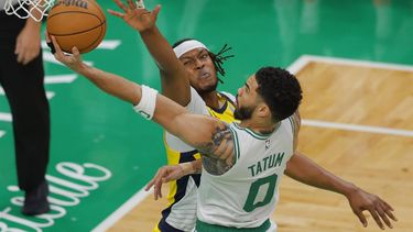 epa11359252 Boston Celtics forward Jayson Tatum (R) shoots past Indiana Pacers center Myles Turner (L) during the first half of the NBA Eastern Conference Finals game one between the Boston Celtics and the Indiana Pacers, in Boston, Massachusetts, USA, 21 May 2024.  EPA/CJ GUNTHER SHUTTERSTOCK OUT
