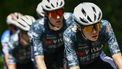 Team Visma - Lease a Bike team's Danish rider Jonas Vingegaard cycles with the pack of riders (peloton) during the 11th stage of the 111th edition of the Tour de France cycling race, 211 km between Évaux-les-Bains and Le Lioran, on July 10, 2024. 
Marco BERTORELLO / AFP