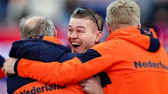 Dutch Joep Wennermars celebrates with his coaches after breaking the track record and winning the men's 1000-meter World Championship gold medal during the ISU World Speed Skating Championships in Hamar, Norway on March 15, 2025. 
Geir Olsen / NTB / AFP