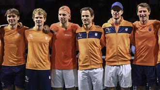 Wesley Koolhof of Team Netherlands (3R) poses with Team Netherlands teammates during a ceremony at the Davis Cup Finals at the Palacio de Deportes Jose Maria Martin Carpena arena in Malaga, southern Spain, on November 22, 2024. 
JORGE GUERRERO / AFP
