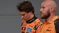 McLaren's Australian driver Oscar Piastri (L) walks in the pits after crashing during a qualifying session of the Formula One Azerbaijan Grand Prix at the Baku City Circuit in Baku on September 20, 2025. 
Anton Vaganov / POOL / AFP