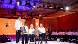 ARNHEM - Chef de mission Pieter van den Hoogenband, India Sardjoe, chef de mission Esther Vergeer en Patrick de Boer tijdens de presentatie van de Nederlandse olympische en paralympische ploegen in aanloop naar de Olympische Spelen in Parijs. ANP SEM VAN DER WAL