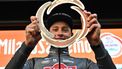 Dutch Mathieu Van Der Poel of team Alpecin-Deceuninck, winner, celebrates during the podium ceremony of the Milan - Sanremo one-day classic cycling race, on March 22, 2025. Dutch Mathieu Van Der Poel of team Alpecin-Deceuninck won the race ahead of Team Ineos' Italian rider Filippo Ganna and Team UAE's Slovenian rider Tadej Pogacar, third. 
Marco BERTORELLO / AFP