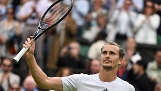 Germany's Alexander Zverev celebrates winning against Britain's Cameron Norrie during their men's singles tennis match on the sixth day of the 2024 Wimbledon Championships at The All England Lawn Tennis and Croquet Club in Wimbledon, southwest London, on July 6, 2024. 
ANDREJ ISAKOVIC / AFP