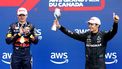 epa11400942 Winner Red Bull Racing driver Max Verstappen (L) of Netherlands and third placed Mercedes driver George Russell of Britain stand on the podium after the Formula One Grand Prix of Canada at the Circuit Gilles Villeneuve racetrack in Montreal, Canada, 09 June 2024.  EPA/SHAWN THEW
