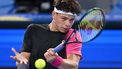 2023-10-22 09:50:59 USA's Ben Shelton returns a hot against Russia’s Aslan Karatsev during their men's singles final match at the ATP Japan Open tennis tournament in Tokyo on October 22, 2023. 
Kazuhiro NOGI / AFP