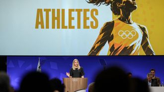 International Olympic Committee President (IOC) Kirsty Coventry delivers her speech at the opening of an IOC session, in Lausanne, on June 24, 2026. 
Fabrice COFFRINI / AFP