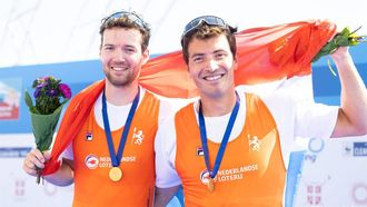 2023-09-10 14:09:40 BELGRADO - Melvin Twellaar en Stef Broenink in actie tijdens de finale tweemans skiff op de achtste en laatste dag van de wereldkampioenschappen roeien in de Servische hoofdstad Belgrado. ANP IRIS VAN DEN BROEK