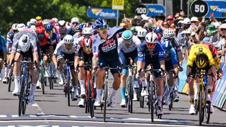 Red Bull-Bora-Hansgrohe's Australian rider Sam Welsford reacts after winning stage one of the Tour Down Under cycling race in Adelaide on January 21, 2025. 
Brenton Edwards / AFP