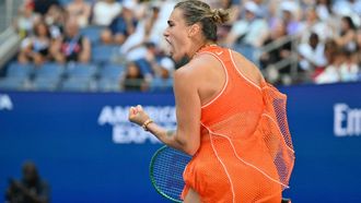 Belarus's Aryna Sabalenka reacts as she plays Czech Republic's Linda Noskova in their women's singles quarter-final tennis match on day ten of the US Open tennis tournament at the USTA Billie Jean King National Tennis Center in New York on September 8, 2026. 
ANGELA WEISS / AFP