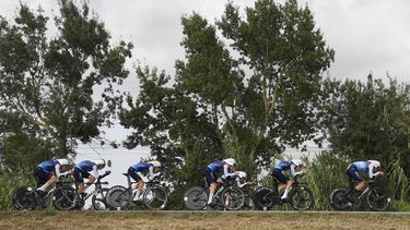 Team Israel Premier Tech 's riders compete during the fifth stage of La Vuelta a Espana cycling tour, a 24.1 km time-trial team race in Figueres, on August 27, 2025.   
Josep LAGO / AFP