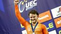 APELDOORN -  Daan Kool (NED) (tweede) tijdens de huldiging van de finale tijdrit 1 kilometer mannen op de tweede dag van het EK baanwielrennen in het Apeldoornse Omnisportcentrum. ANP VINCENT JANNINK