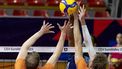 2023-09-01 20:11:51 epa10834639 Wilfredo Leon Venero (C-back) of Poland in action against Wessel Keemink (L) and Bennie Tuinsytra (R) of Netherlands during the EuroVolley Men 2023 pool C match between Netherlands and Poland in Skopje, North Macedonia, 01 September 2023.  EPA/GEORGI LICOVSKI caption correction...