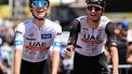 2023-07-14 13:24:08 epa10745559 Slovenian rider Tadej Pogacar (L) and Austrian rider Felix Grossschartner (R) of team UAE Team Emirates at the start of the 13th stage of the Tour de France 2023, a 138kms race from Chatillon-Sur-Charlaronne to Grand Colombier, France, 14 July 2023.  EPA/CHRISTOPHE PETIT TESSON
