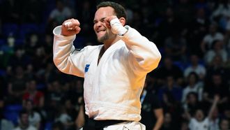 Netherlands' Simeon Catharina celebrates his win in the men's -100 kg category at the European Championships Judo in Podgorica on April 26, 2025.  
SAVO PRELEVIC / AFP